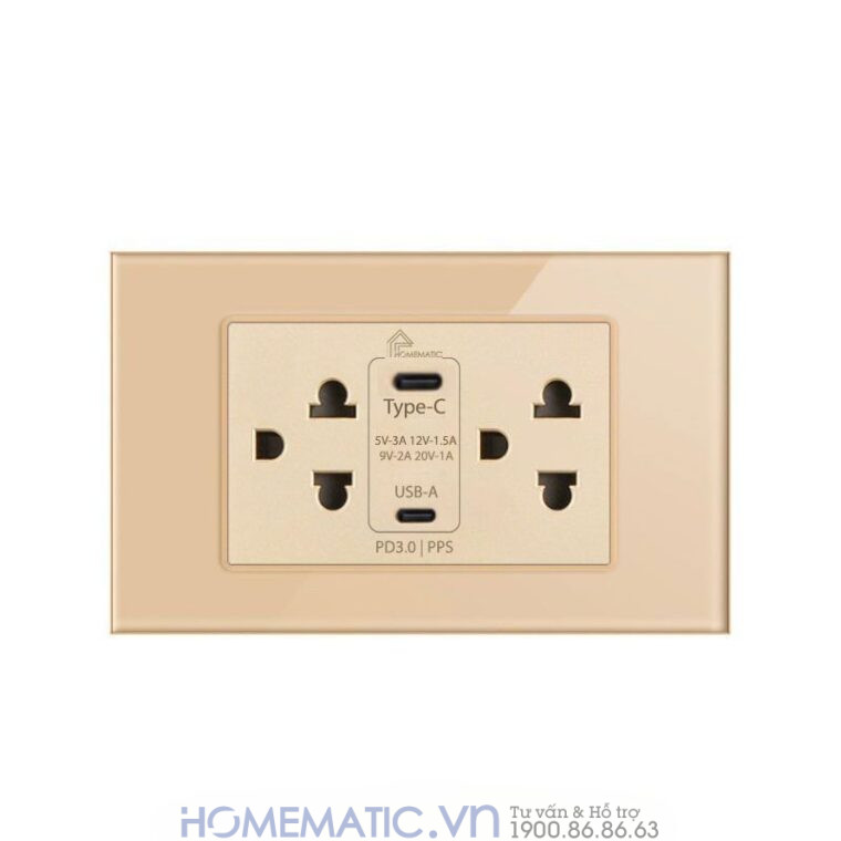 Ổ Cắm điện Có Cổng Usb âm Tường Hỗ Trợ Sạc Nhanh Pd 3.0 Pps Homematic Hm-usb2 màu vàng đồng
