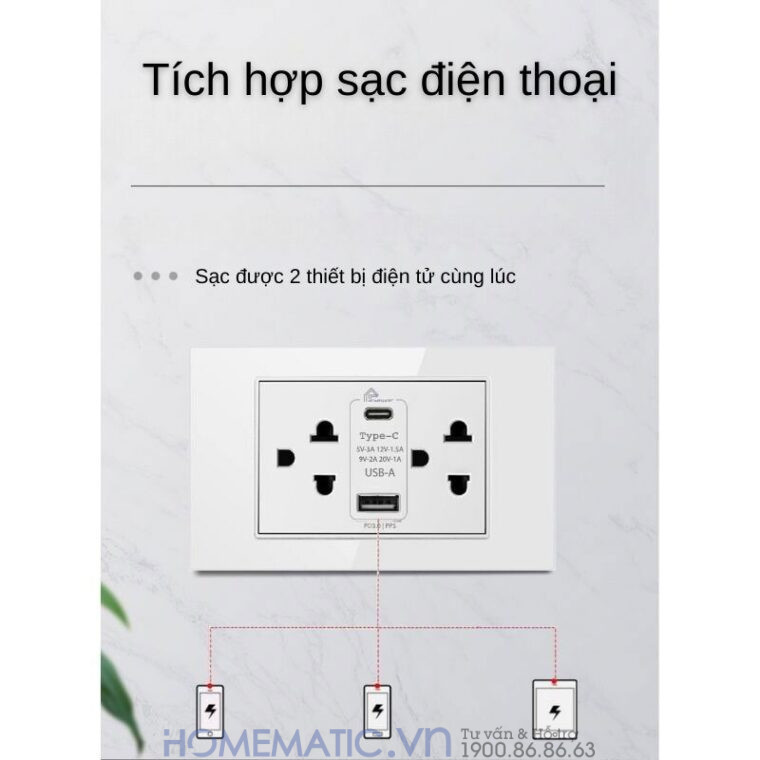 Ổ Cắm điện Có Cổng Usb âm Tường Hỗ Trợ Sạc Nhanh Pd 3.0 Pps Homematic Hm-usb2 tích hợp cổng sạc điện thoại