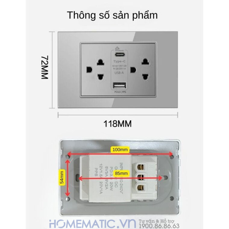 Ổ Cắm điện Có Cổng Usb âm Tường Hỗ Trợ Sạc Nhanh Pd 3.0 Pps Homematic Hm-usb2 thông số sản phẩm