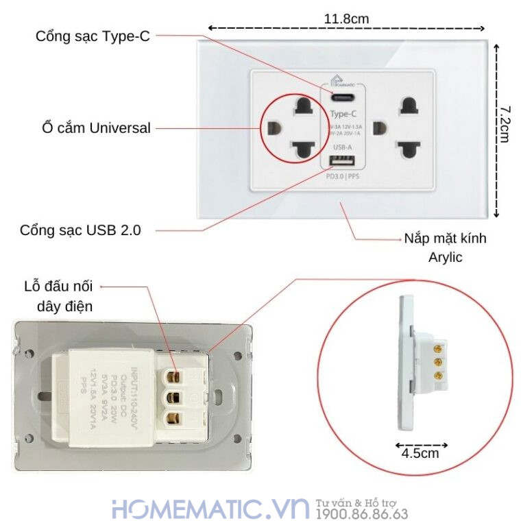 Ổ Cắm điện Có Cổng Usb âm Tường Hỗ Trợ Sạc Nhanh Pd 3.0 Pps Homematic Hm-usb2 feature description