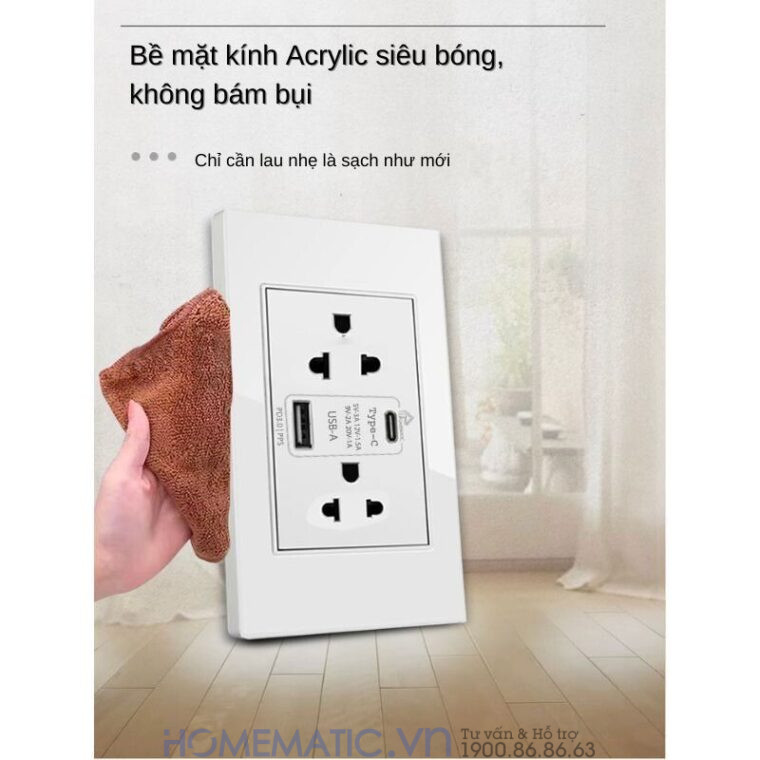 Ổ Cắm điện Có Cổng Usb âm Tường Hỗ Trợ Sạc Nhanh Pd 3.0 Pps Homematic Hm-usb2 tích hợp mặt kính sang trọng