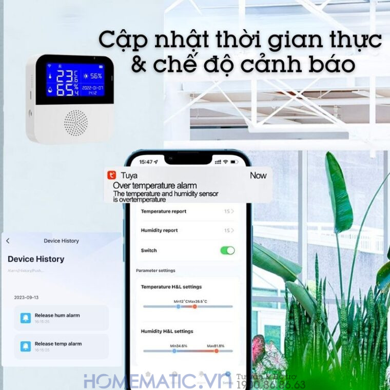 Nhiệt ẩm Kế Wifi Tuya Th200 Cảnh Báo đo Nhiệt độ độ ẩm Phòng điều khiển bằng giọng nói