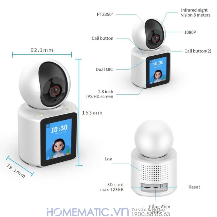 Camera Không Dây Wifi Trong Nhà Có Màn Hình 2.8inch Giám Sát Trẻ Em, Người Già, Gọi Video Cc31