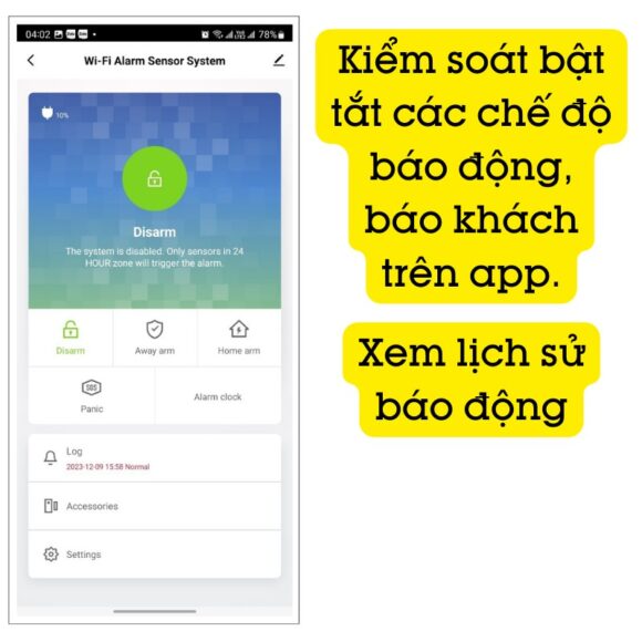 Chuông Báo Khách có thể kiểm soát các chế độ báo động, báo khách,... trên app.