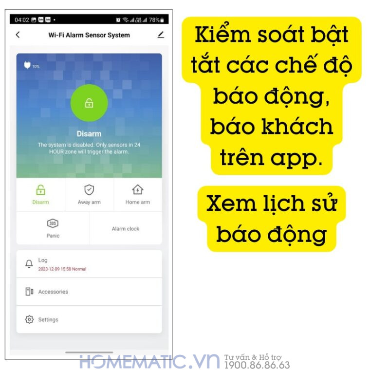 Chuông Báo Khách có thể kiểm soát các chế độ báo động, báo khách,... trên app.