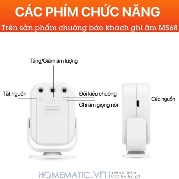 Chuông Báo Khách Hỗ Trợ Thu âm Tiếng Việt Homematic Ms68