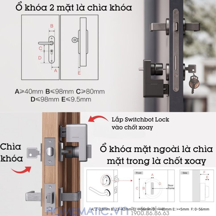 Khóa Vân Tay Cửa Gỗ Thông Minh Switchbot Lock Sb-l đo kích thước khóa hỗ trợ