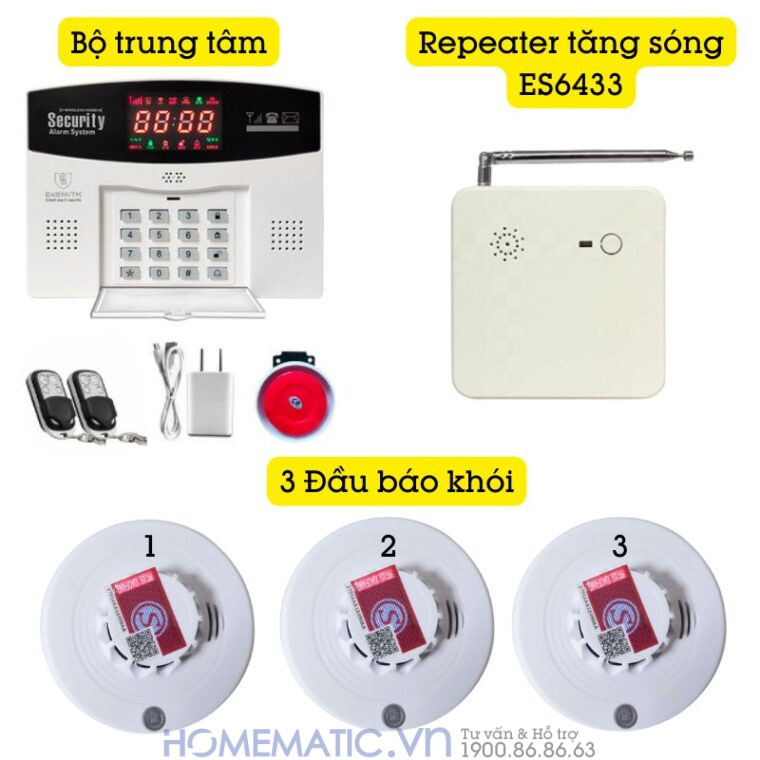 Hệ Thống Báo Cháy Không Dây Gia đình Báo Về điện Thoại Es1720f bộ 3 đầu báo khói