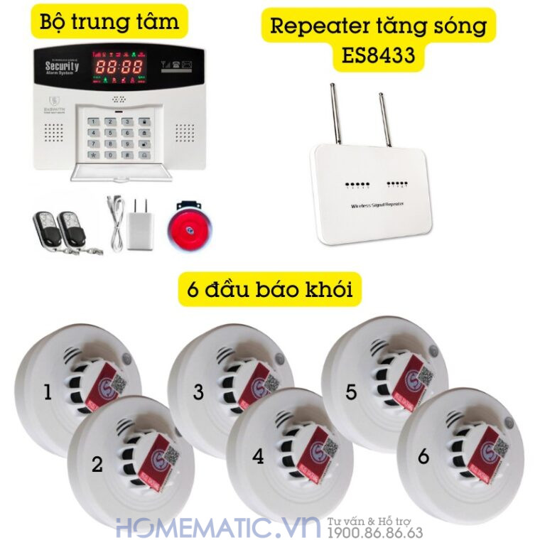 Hệ Thống Báo Cháy Không Dây Gia đình Báo Về điện Thoại Es1720f bộ 6 đầu báo khói