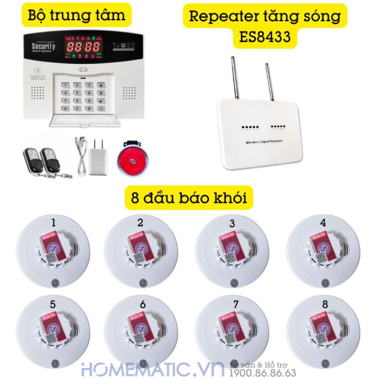 Hệ Thống Báo Cháy Không Dây Gia đình Báo Về điện Thoại Es1720f bộ 8 đầu báo khói