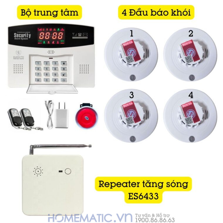 Hệ Thống Báo Cháy Không Dây Gia đình Báo Về điện Thoại Es1720f bộ 4 đầu báo khói