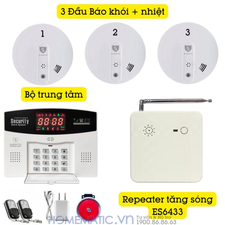 Hệ Thống Báo Cháy Không Dây Gia đình Báo Về điện Thoại Es1720fh ( 4 đầu Báo Khói + Nhiệt)