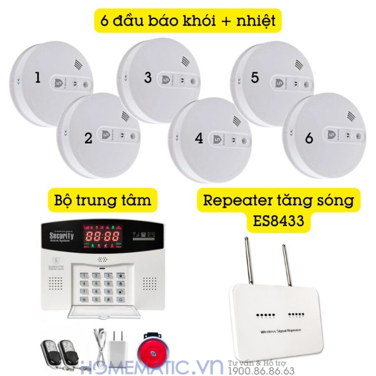 Hệ Thống Báo Cháy Không Dây Gia đình Báo Về điện Thoại Es1720fh (6 đầu Báo Khói + Nhiệt)