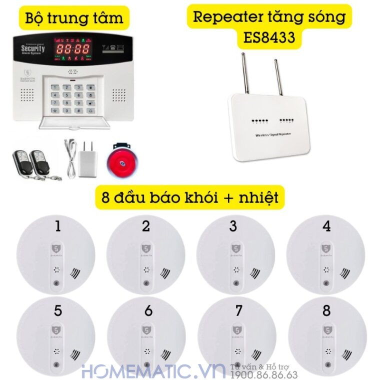 Hệ Thống Báo Cháy Không Dây Gia đình Báo Về điện Thoại Es1720fh (8 đầu Báo Khói + Nhiệt)
