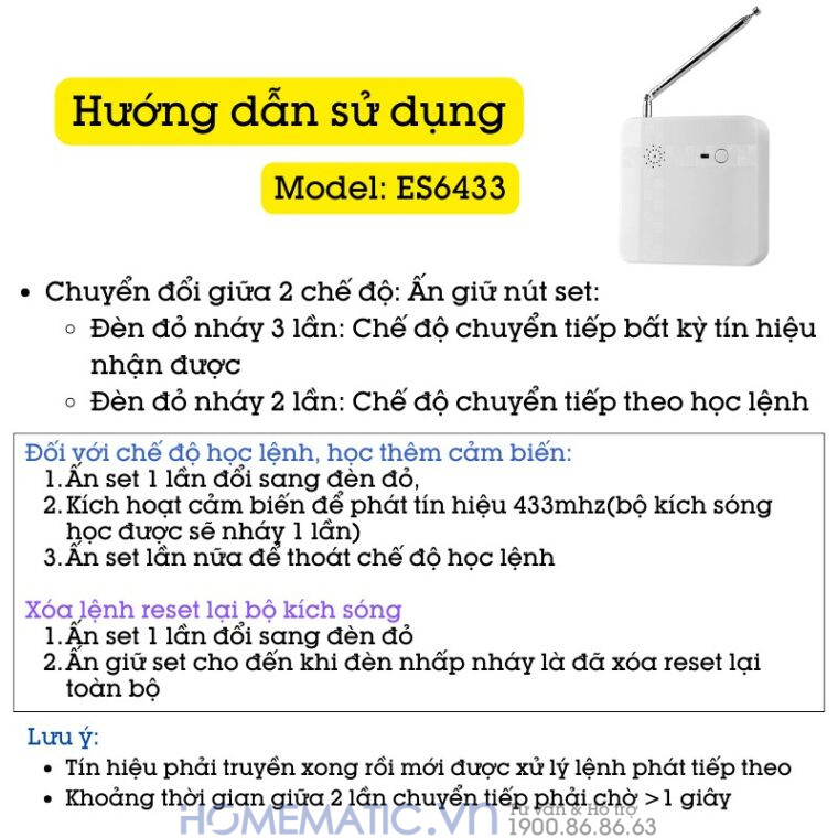 Repeater Kích Sóng Chuyển Tiếp Sóng Rf 433mhz Exsmith Es6433 hướng dẫn sử dụng