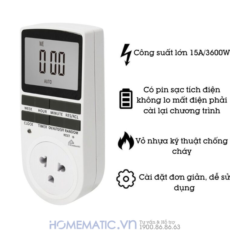 Ổ Cắm Hẹn Giờ điện Tử Homematic Màn Hình Lớn Teg3600