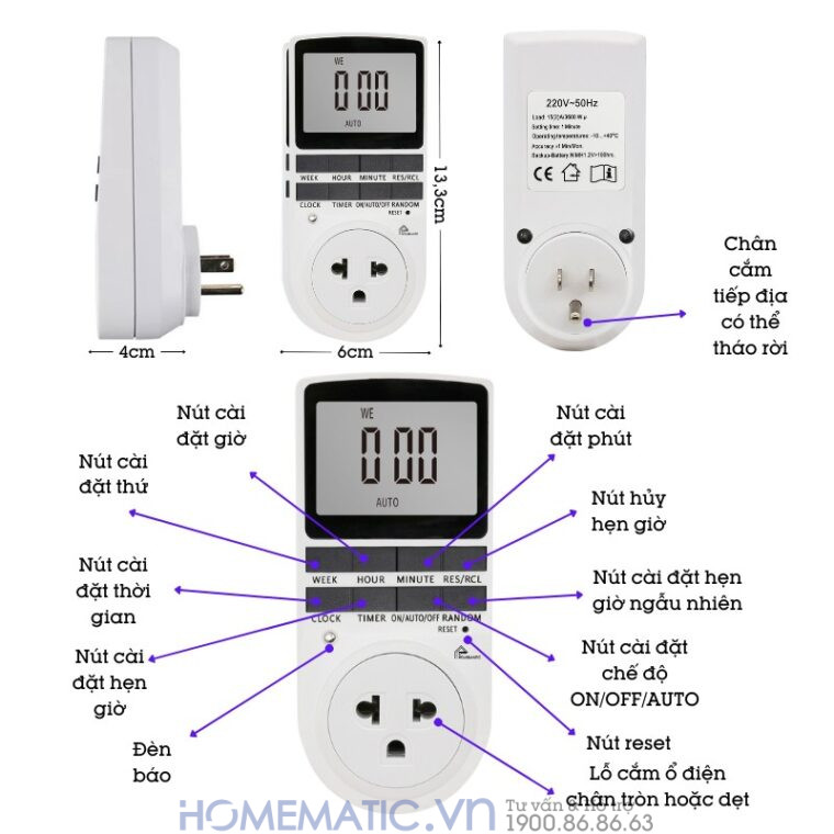 Ổ Cắm Hẹn Giờ điện Tử Homematic Màn Hình Lớn Teg3600 (mô tả chức năng)