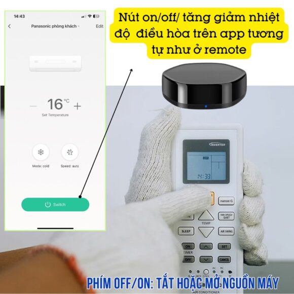 Bộ điều Khiển điều Hòa Panasonic Bằng điện Thoại Smart Life Yrc11 nút on off như trên remote