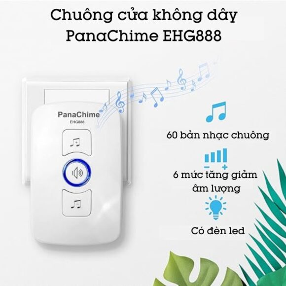 Chuông Cửa Không Dây Panachime Sử Dụng Nút Bấm Dùng Pin Panasonic Ehg888 60 bản nhạc 6 mức âm lượng có đèn led