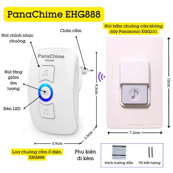 Mô tả sản phẩm Chuông Cửa Không Dây Panachime Sử Dụng Nút Bấm Dùng Pin Panasonic Ehg888