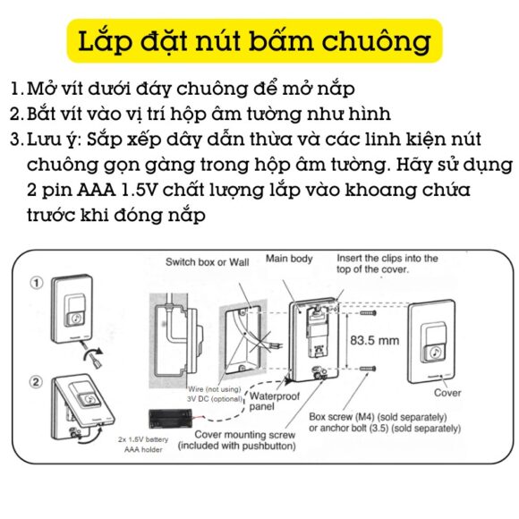 Chuông Cửa Không Dây Panachime Sử Dụng Nút Bấm Dùng Pin Panasonic Ehg888 lắp đặt nút bấm chuông dễ dàng