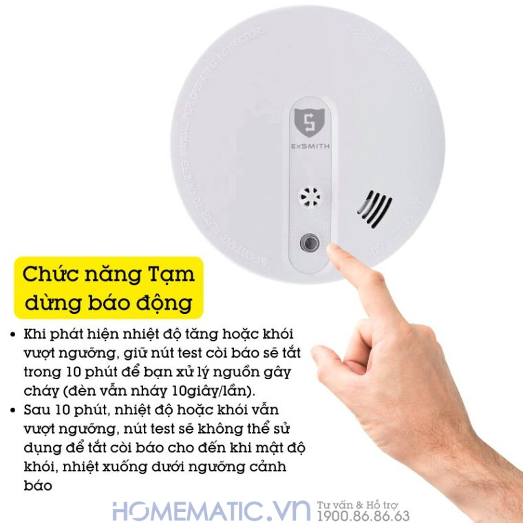 Đầu Báo Khói Nhiệt Kết Hợp Quang điện Không Dây Exsmith M210 có chức năng tạm dừng báo động