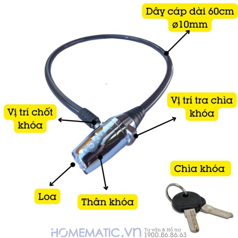 Khóa Dây Xe Máy Xe đạp Dây Cáp Khóa Chống Trộm Có Còi Hú Lk215