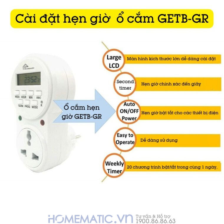 Ổ Cắm Hẹn Giờ điện Tử Homematic Hỗ Trợ đếm Giây Getb-gr các chức năng