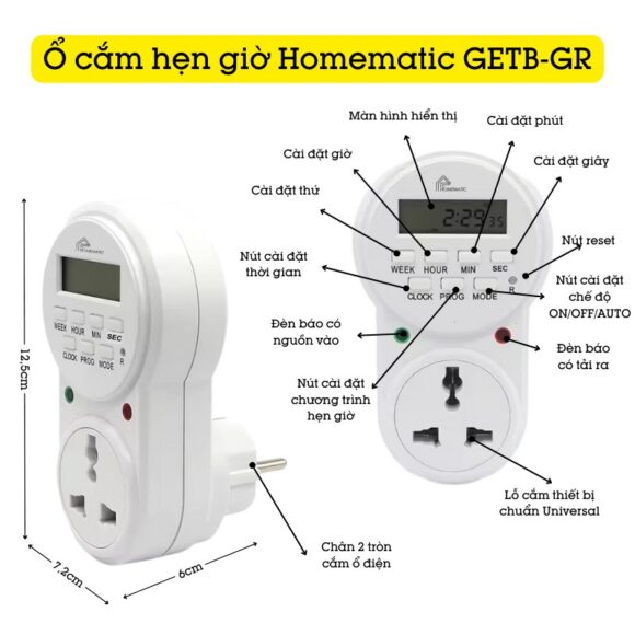 Mô tả chi tiết Ổ Cắm Hẹn Giờ điện Tử Homematic Hỗ Trợ đếm Giây Getb-gr