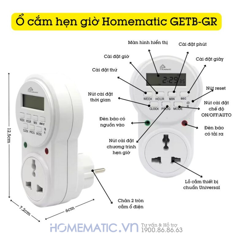 Mô tả chi tiết Ổ Cắm Hẹn Giờ điện Tử Homematic Hỗ Trợ đếm Giây Getb-gr