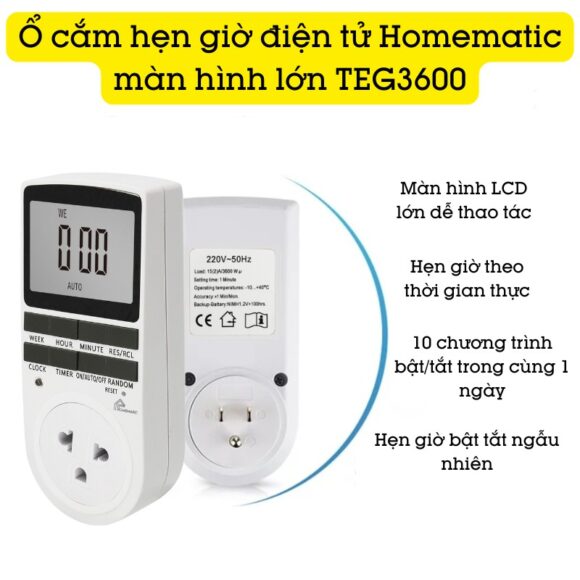 Ổ Cắm Hẹn Giờ điện Tử Homematic Màn Hình Lớn Teg3600 có thể bật tắt với 10 chương trình khác nhau