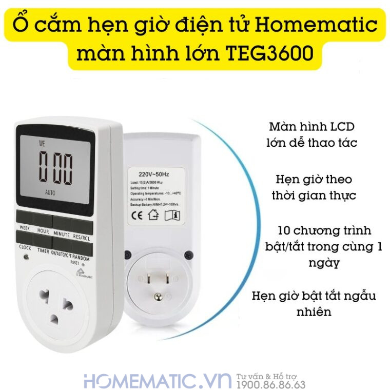 Ổ Cắm Hẹn Giờ điện Tử Homematic Màn Hình Lớn Teg3600 có thể bật tắt với 10 chương trình khác nhau