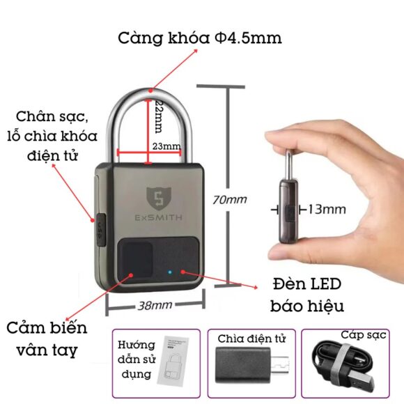 Ổ Khóa Vân Tay Loại Nhỏ Kèm Khóa điện Tử Exsmith Epl101 cấu hình và kích thước