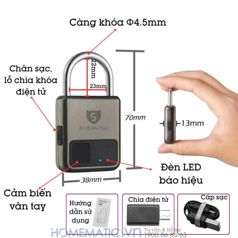 Ổ Khóa Vân Tay Loại Nhỏ Kèm Khóa điện Tử Exsmith Epl101 cấu hình và kích thước