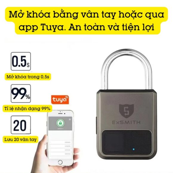 Ổ Khóa Vân Tay Loại Nhỏ Kèm Khóa điện Tử Exsmith Epl101 mở khóa bằng vân tay hoặc bằng app