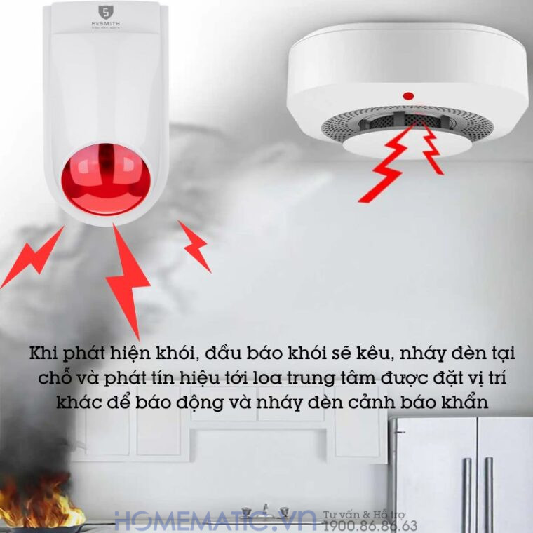 Khi phát hiện khói, đầu báo khói sẽ kêu tại chỗ và loa trung tâm sẽ kêu