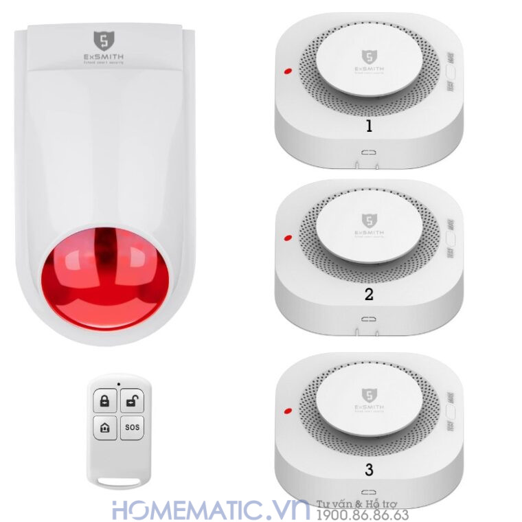 Bộ Chuông Báo Cháy Không Dây Exsmith Eskit02 bộ 3 đầu báo cháy