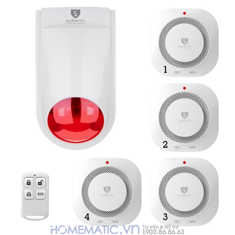 Bộ Chuông Báo Cháy Không Dây Exsmith Eskit02 bộ 4 đầu báo cháy