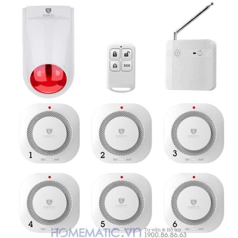 Bộ Chuông Báo Cháy Không Dây Exsmith Eskit02 bộ 6 đầu báo cháy