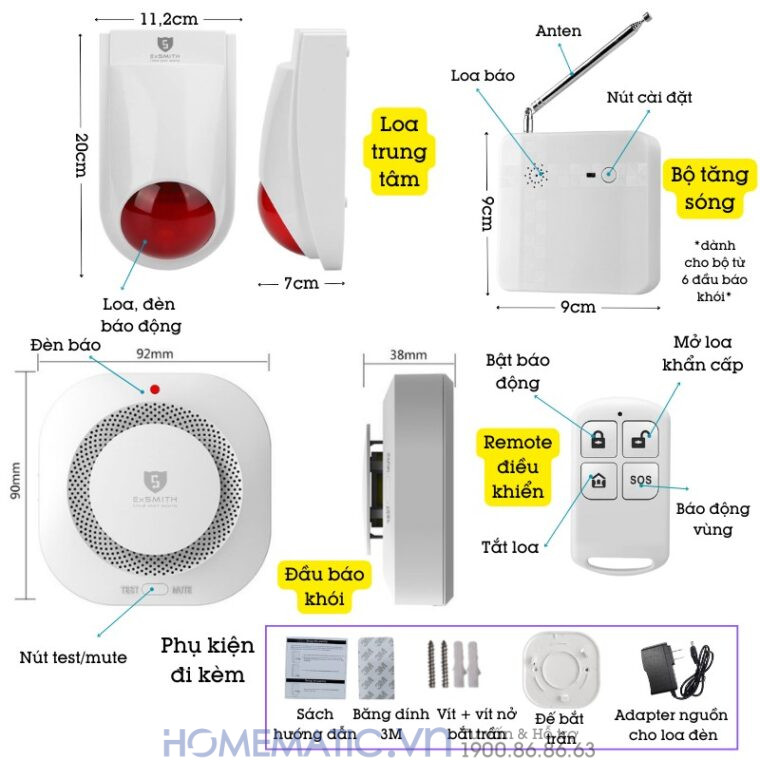 Bộ Chuông Báo Cháy Không Dây Exsmith Eskit02 chức năng chi tiết
