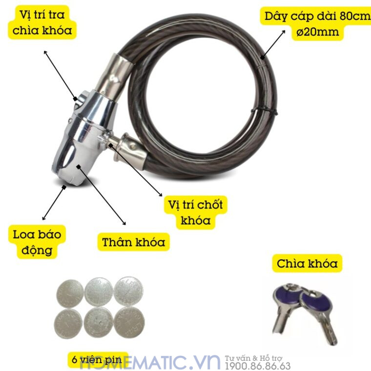 Khóa Dây Chống Trộm Xe Máy Xe đạp ô Tô Báo động Còi Hú Lk315