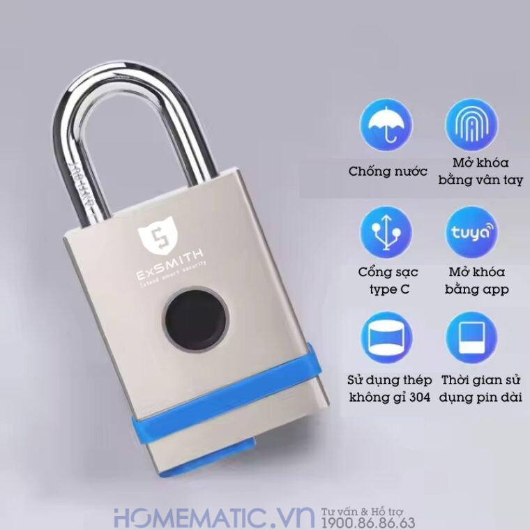 Ổ Khóa Cổng Vân Tay Ngoài Trời Chống Nước, Khóa Móc Cao Cấp Kèm Chìa Cơ Và điện Tử Exsmith Epl855