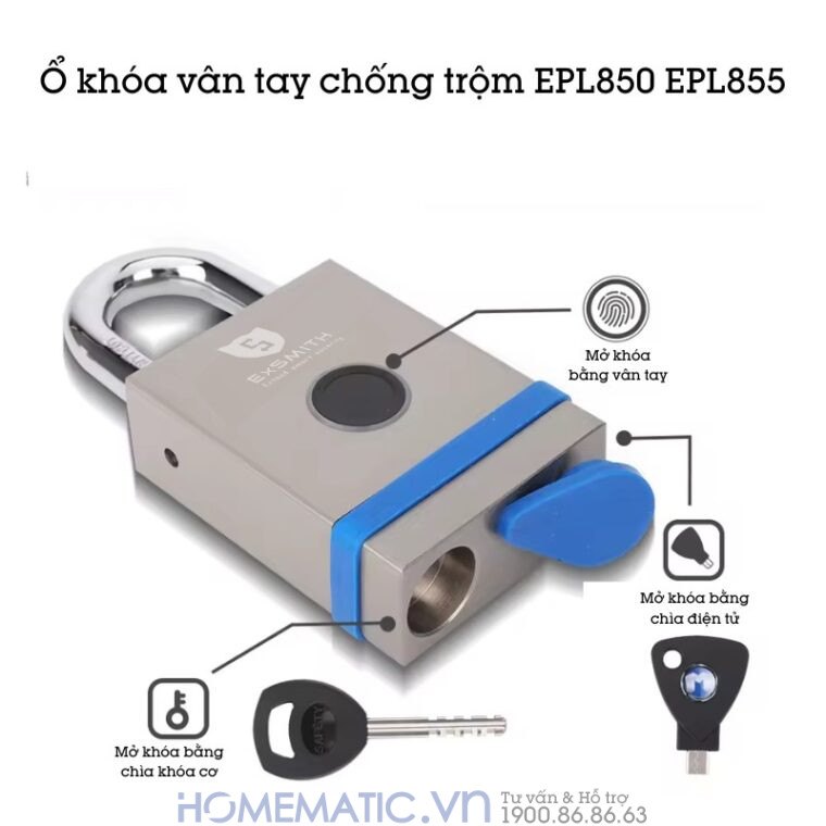 Ổ Khóa Cổng Vân Tay Ngoài Trời Chống Nước, Khóa Móc Cao Cấp Kèm Chìa Cơ Và điện Tử Exsmith Epl855