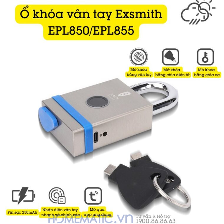 Ổ Khóa Cổng Vân Tay Ngoài Trời Chống Nước, Khóa Móc Cao Cấp Kèm Chìa Cơ Và điện Tử Exsmith Epl855