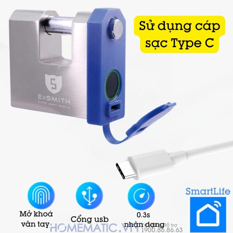 Ổ Khóa Cầu Ngang Vân Tay Chống Cắt Chống Nước Chống Trộm Thông Minh Exsmith Epl655