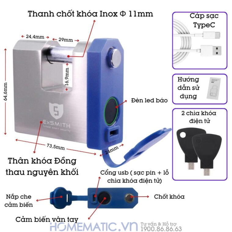 Ổ Khóa Cầu Ngang Vân Tay Chống Cắt Chống Nước Chống Trộm Thông Minh Exsmith Epl655 Ổ Khóa Cầu Ngang Vân Tay Chống Cắt Chống Nước Chống Trộm Thông Minh Exsmith Epl655