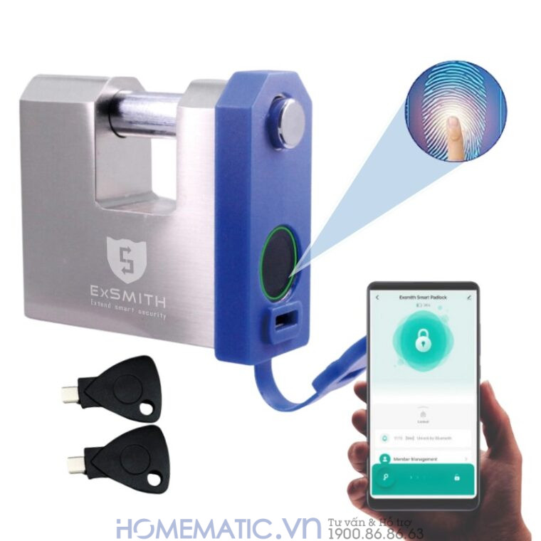 Ổ Khóa Cầu Ngang Vân Tay Chống Cắt Chống Nước Chống Trộm Thông Minh Exsmith Epl655