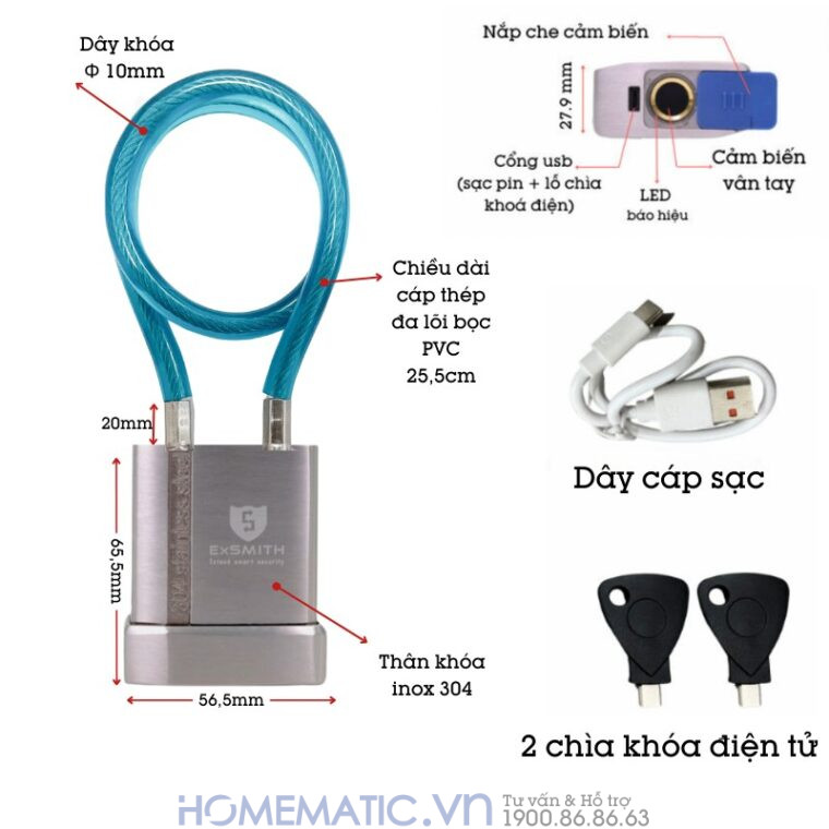 Ổ Khóa Dây Cáp Chống Cắt Vân Tay Khóa Xe Máy, Xe đạp, Khóa Cửa Cổng Exsmith Epl185 Ổ Khóa Dây Cáp Chống Cắt Vân Tay Khóa Xe Máy, Xe đạp, Khóa Cửa Cổng Exsmith Epl185