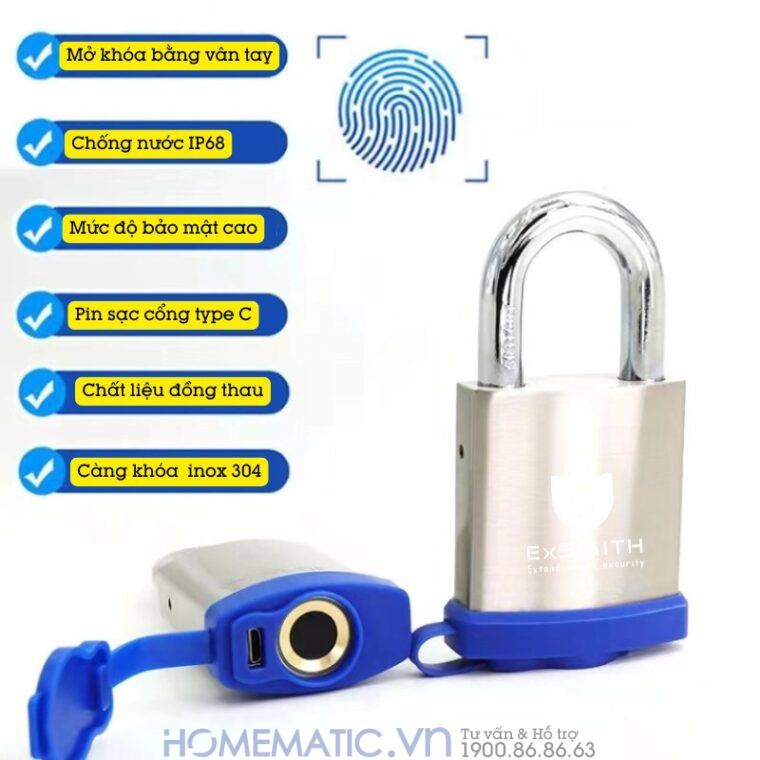 Ổ Khóa Vân Tay Móc Treo Cửa Cổng Chống Nước Ngoài Trời Exsmith Epl265