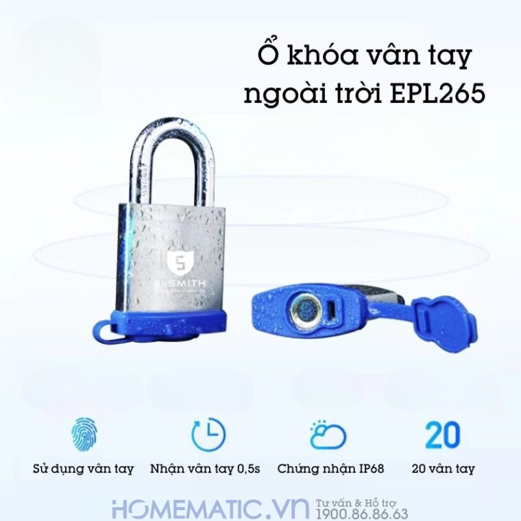 Ổ Khóa Vân Tay Móc Treo Cửa Cổng Chống Nước Ngoài Trời Exsmith Epl265